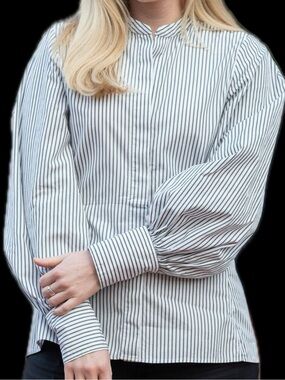 COS Striped Button Down Puff Sleeve Fitted Shirt Green & White Stripes Size 2